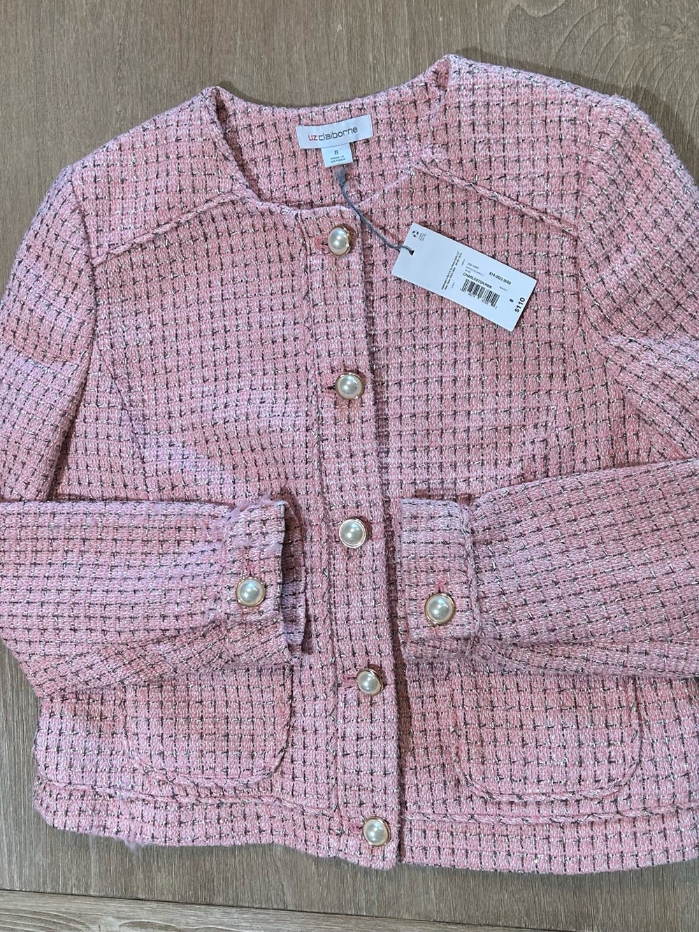 NWT Liz Claiborne Charleston Pink Metallic Tweed Jacket Pearl Buttons Size 8